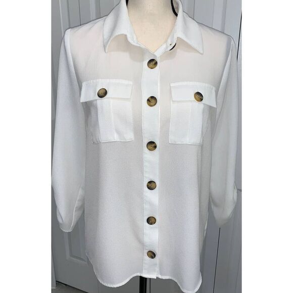 Faith and Joy by  Monteau Light Weight 3/4 Sleeves Button Down- S - Picture 1 of 9